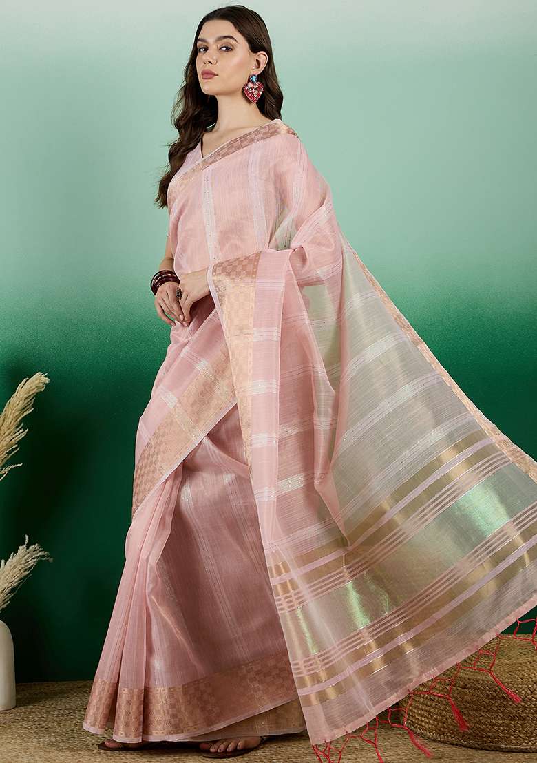 Pink Embroidered Oragnza Saree Set for Diwali and Festive Wear - Indya