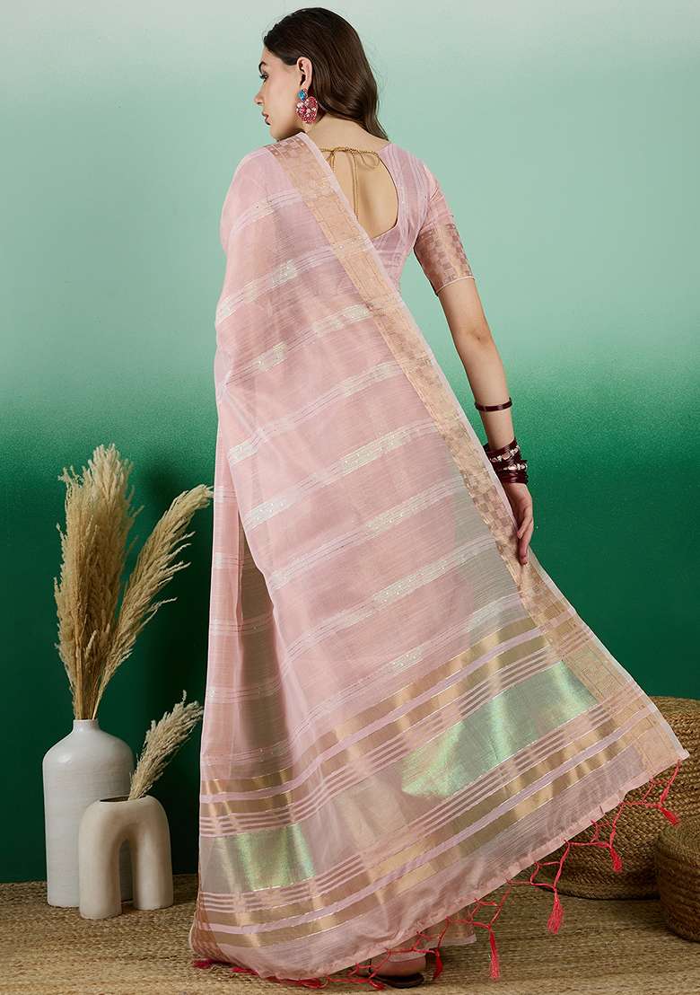 Pink Embroidered Oragnza Saree Set for Diwali and Festive Wear - Indya