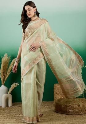 Pista Green Embroidered Oragnza Saree Set