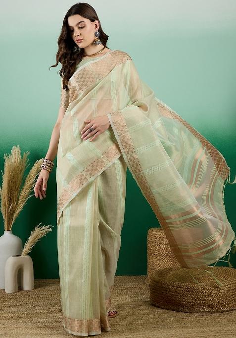 Pista Green Embroidered Oragnza Saree Set