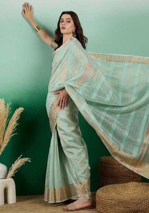 Sea Green Embroidered Oragnza Saree Set