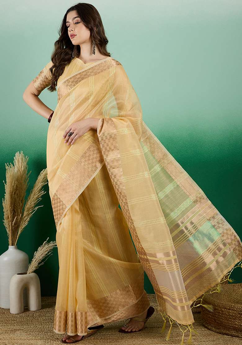 Yellow Embroidered Oragnza Saree Set for Diwali and Festive Wear - Indya