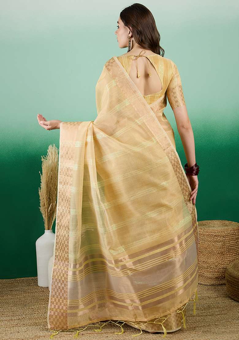 Yellow Embroidered Oragnza Saree Set for Diwali and Festive Wear - Indya