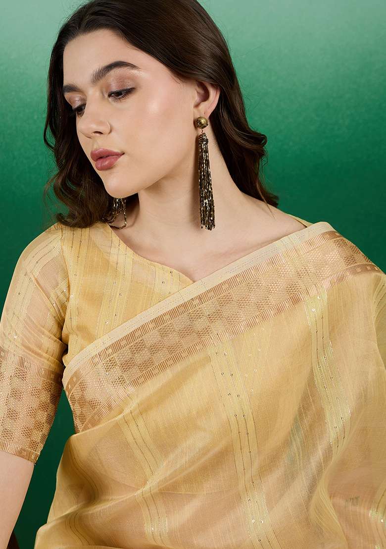 Yellow Embroidered Oragnza Saree Set for Diwali and Festive Wear - Indya