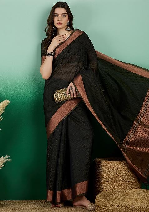 Black Embroidered Oragnza Saree Set