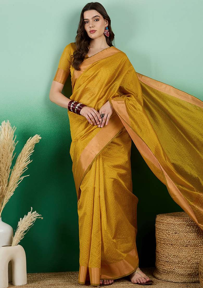 Gold Embroidered Oragnza Saree Set for Diwali and Festive Wear - Indya