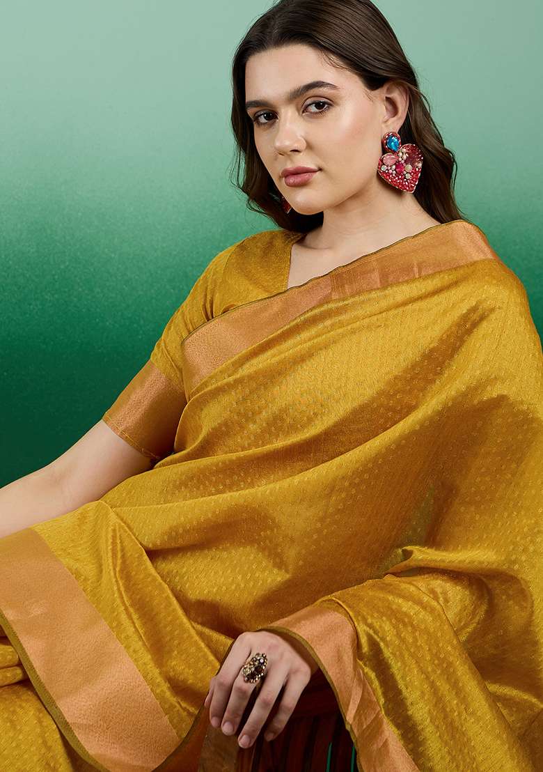 Gold Embroidered Oragnza Saree Set for Diwali and Festive Wear - Indya