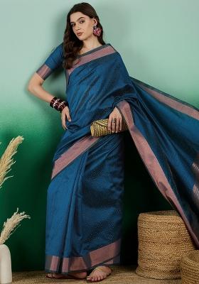 Teal Embroidered Oragnza Saree Set