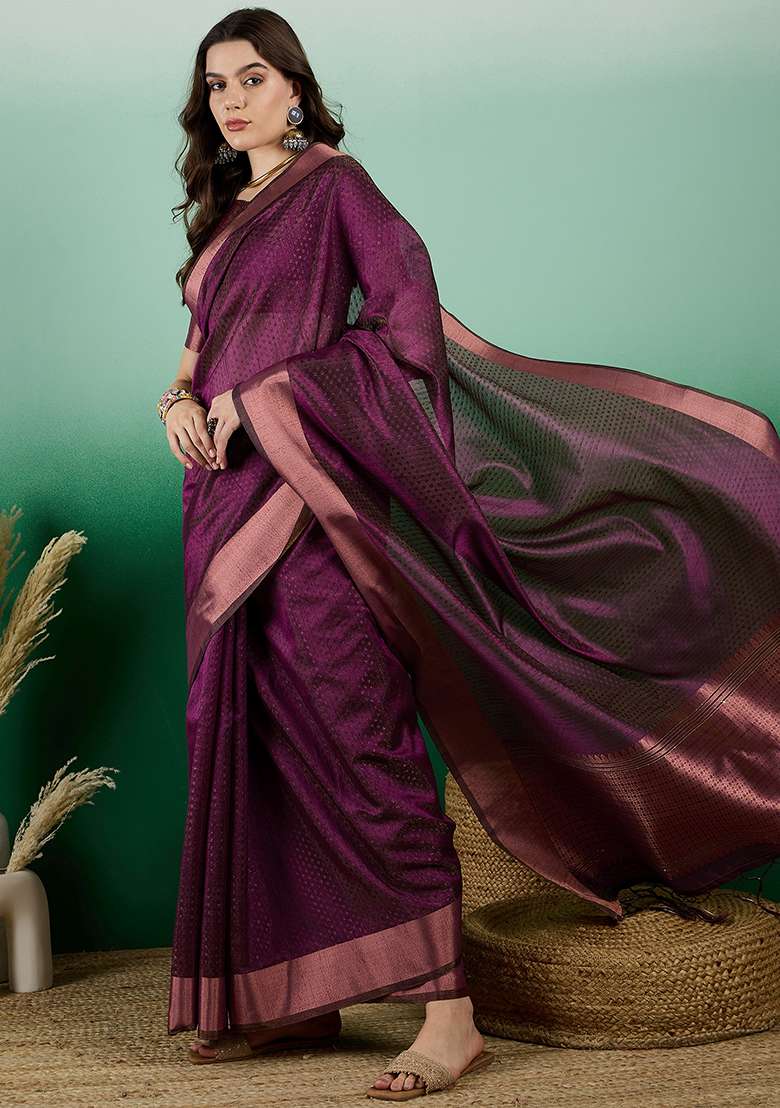 Wine Embroidered Oragnza Saree Set for Diwali and Festive Wear - Indya