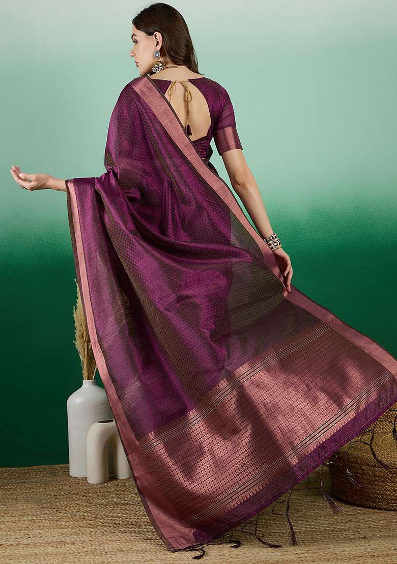 Wine Embroidered Oragnza Saree Set for Diwali and Festive Wear - Indya