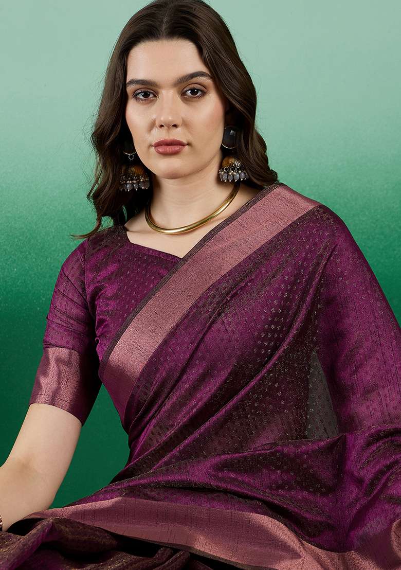 Wine Embroidered Oragnza Saree Set for Diwali and Festive Wear - Indya