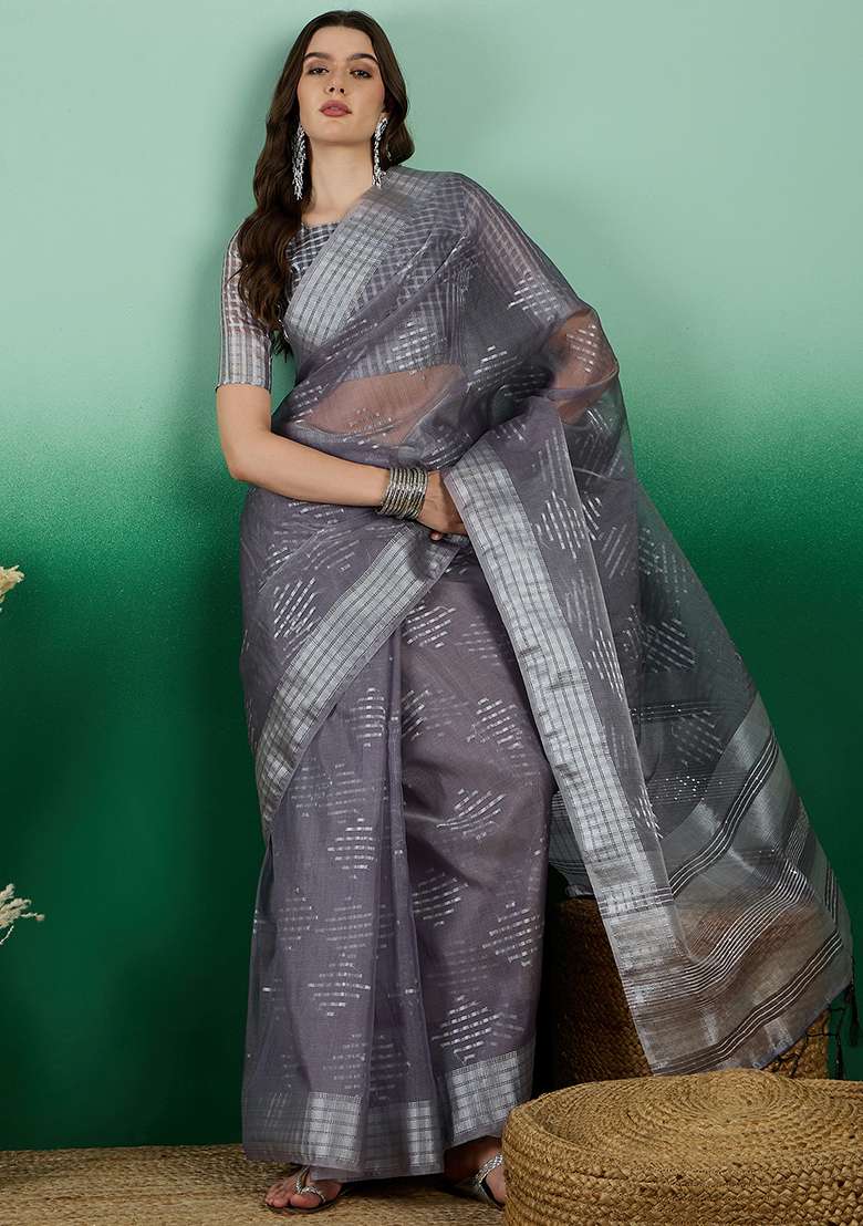 Grey Embroidered Oragnza Saree Set for Diwali and Festive Wear - Indya