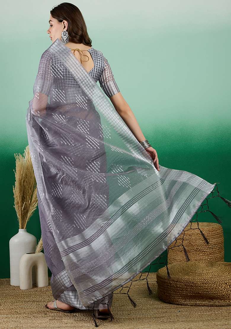 Grey Embroidered Oragnza Saree Set for Diwali and Festive Wear - Indya