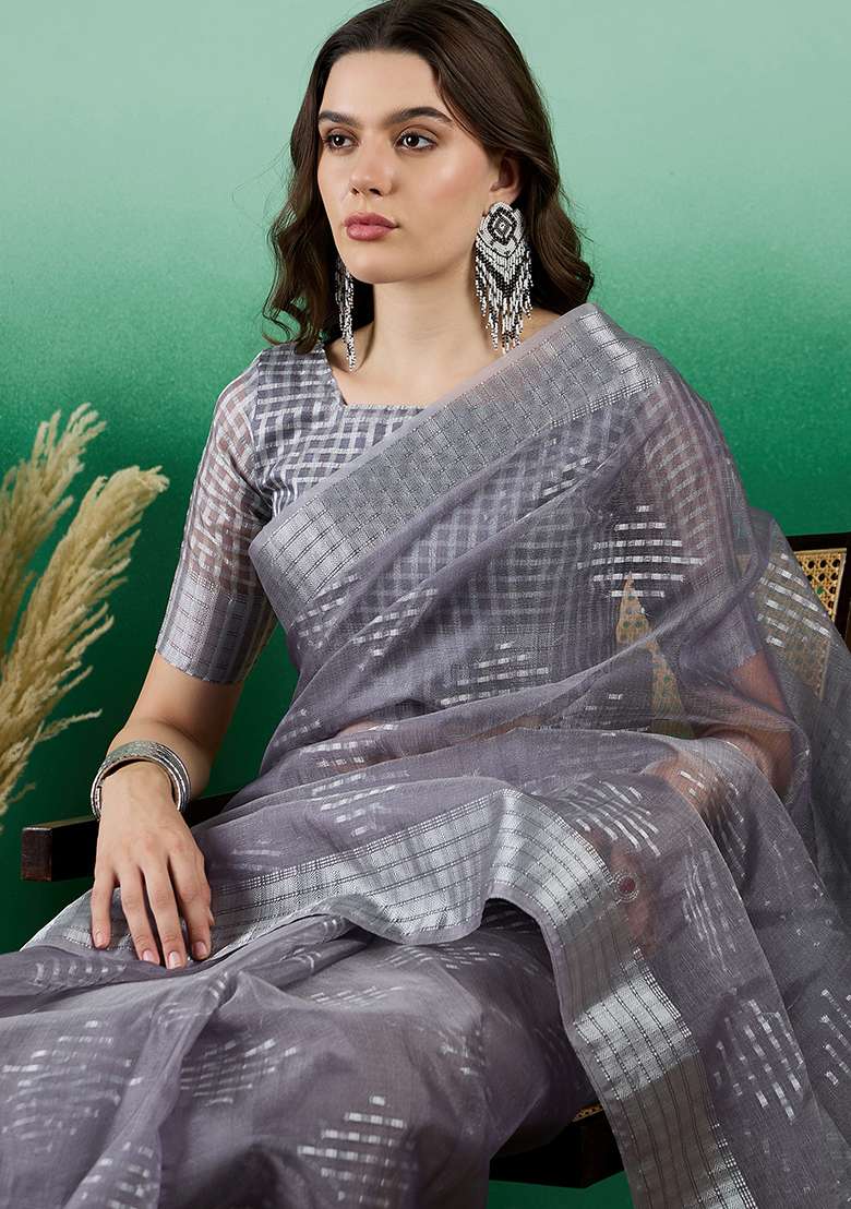 Grey Embroidered Oragnza Saree Set for Diwali and Festive Wear - Indya