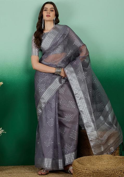 Grey Embroidered Oragnza Saree Set