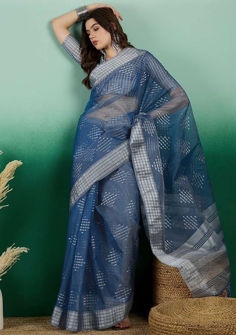 Teal Embroidered Oragnza Saree Set - Indya