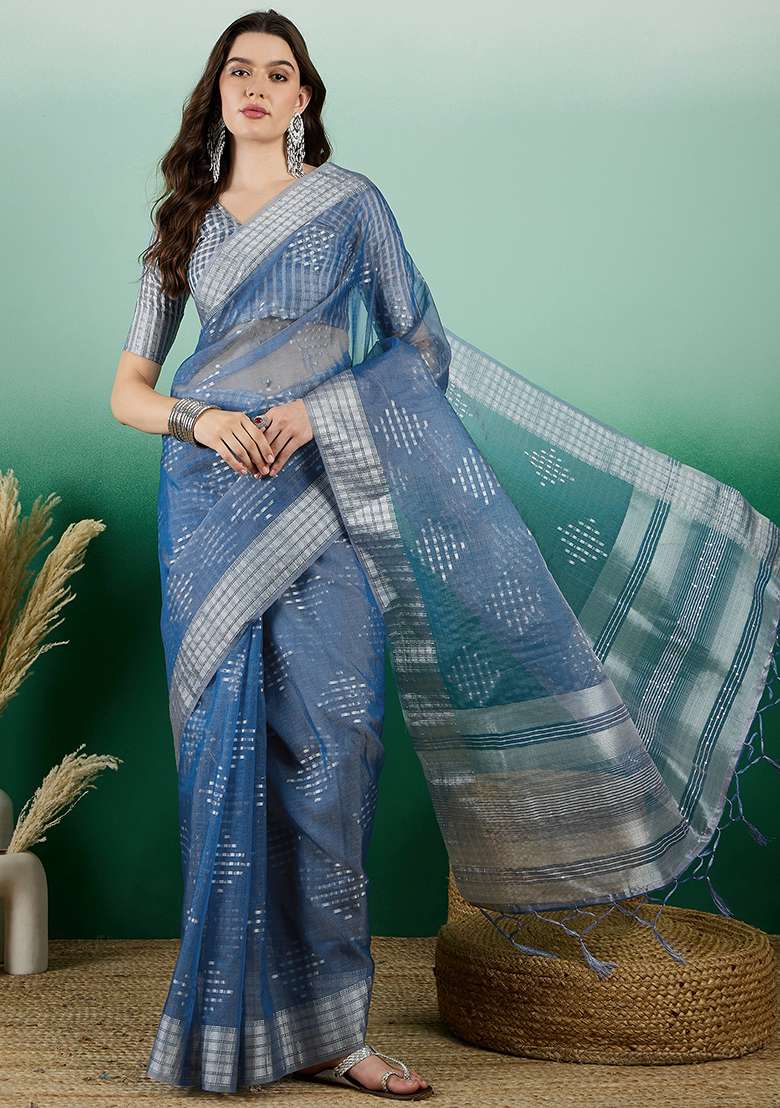 Teal Embroidered Oragnza Saree Set - Indya