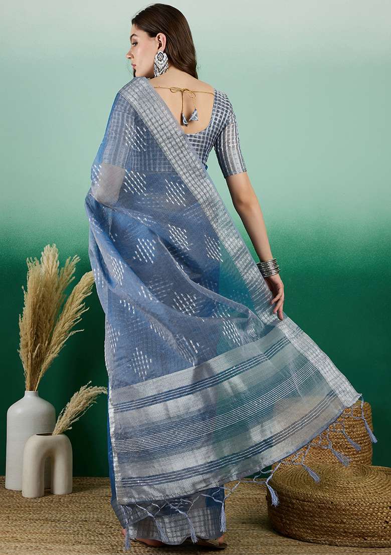 Teal Embroidered Oragnza Saree Set - Indya