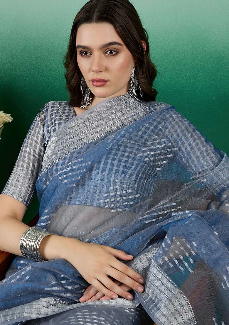 Teal Embroidered Oragnza Saree Set - Indya