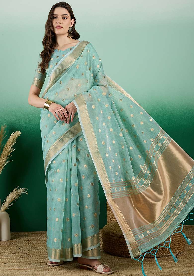 Blue Oragnza Saree Set with Embroidered for Diwali | Wedding & Festive Wear - Indya