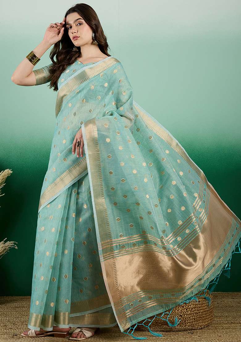 Blue Oragnza Saree Set with Embroidered for Diwali | Wedding & Festive Wear - Indya