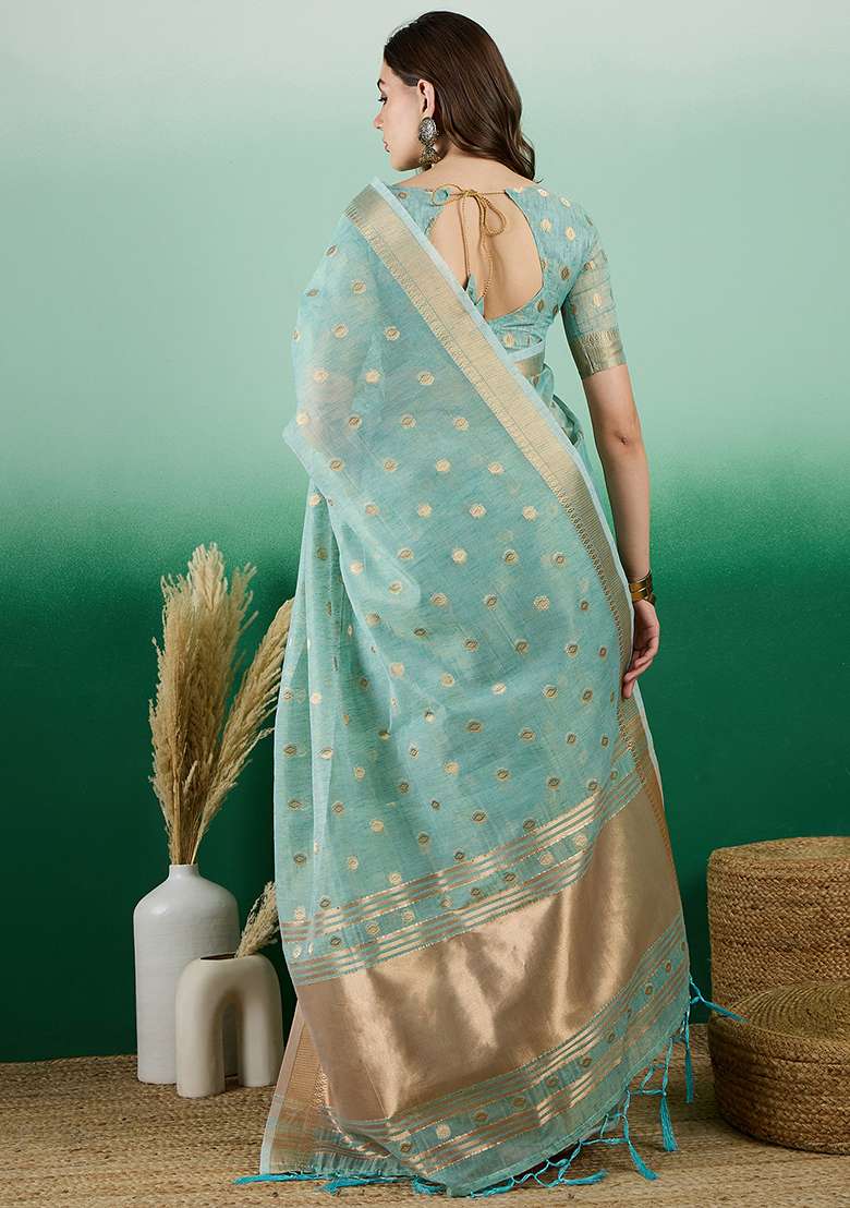 Blue Oragnza Saree Set with Embroidered for Diwali | Wedding & Festive Wear - Indya