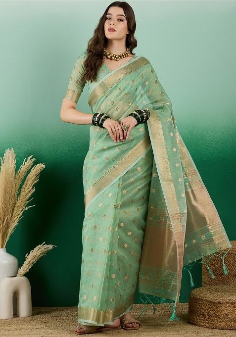 Green Embroidered Oragnza Saree Set