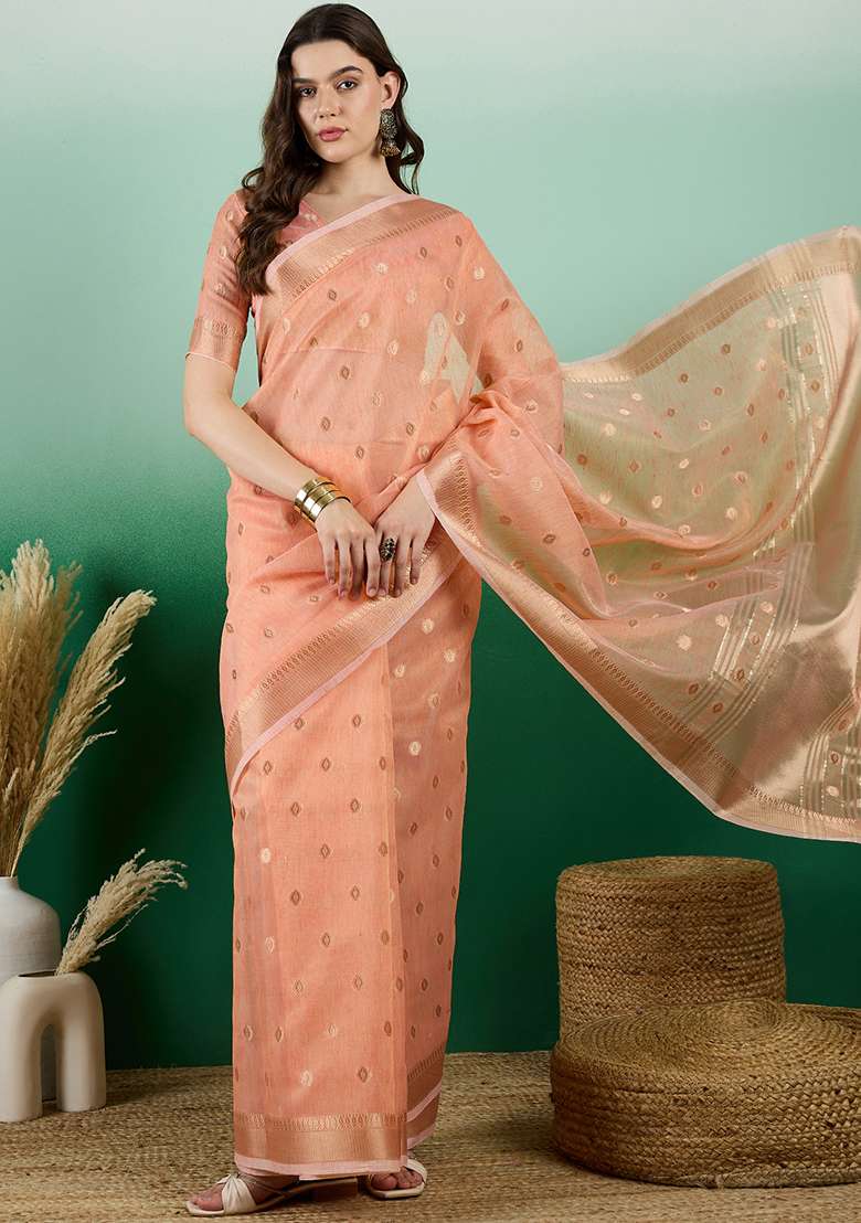 Orange Oragnza Saree Set with Embroidered for Diwali | Wedding & Festive Wear - Indya