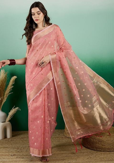 Peach Embroidered Oragnza Saree Set