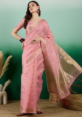 Pink Embroidered Oragnza Saree Set