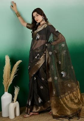 Blue Embroidered Oragnza Saree Set