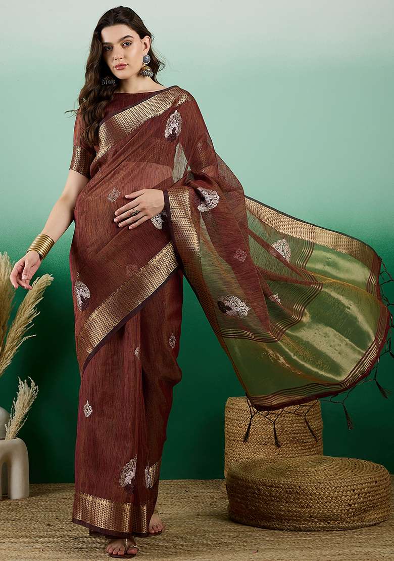Brown Embroidered Oragnza Saree Set for Diwali and Festive Wear - Indya
