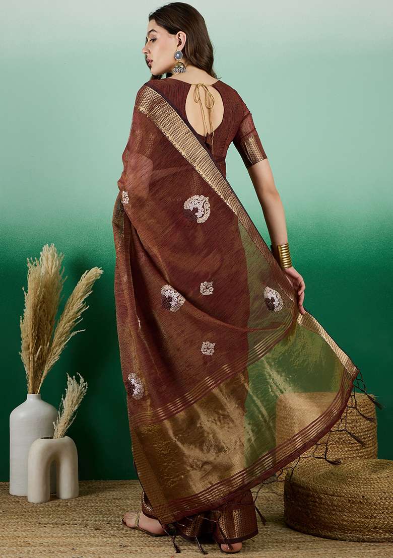 Brown Embroidered Oragnza Saree Set for Diwali and Festive Wear - Indya