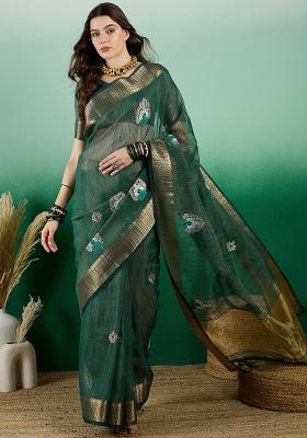 Green Embroidered Oragnza Saree Set