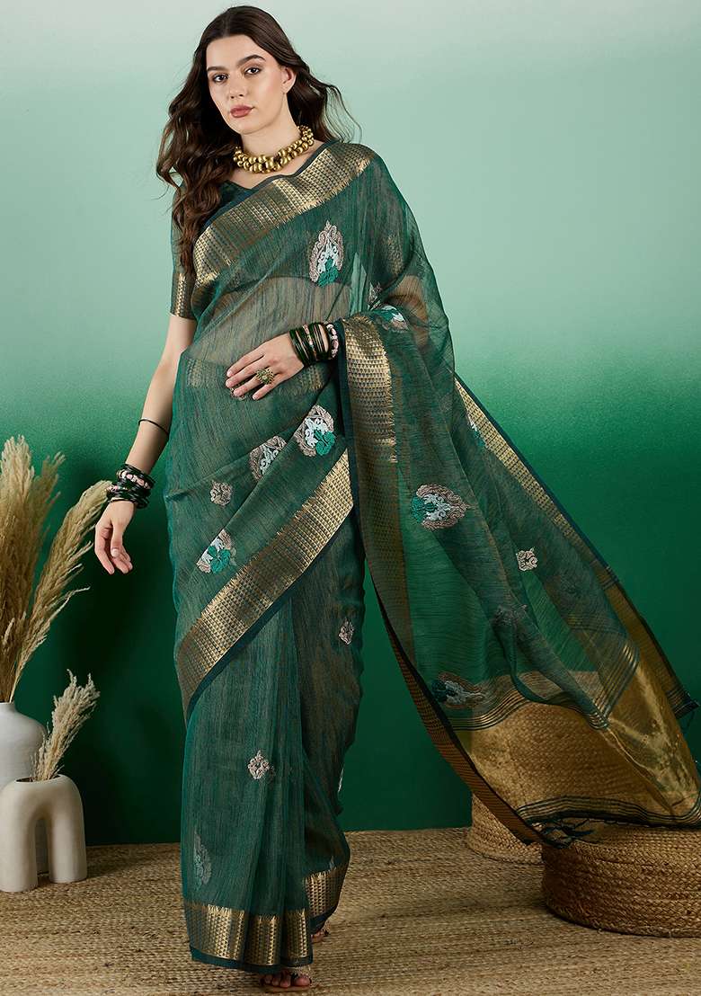Green Oragnza Saree Set with Embroidered for Diwali | Wedding & Festive Wear - Indya