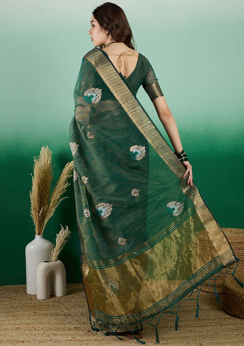 Green Oragnza Saree Set with Embroidered for Diwali | Wedding & Festive Wear - Indya