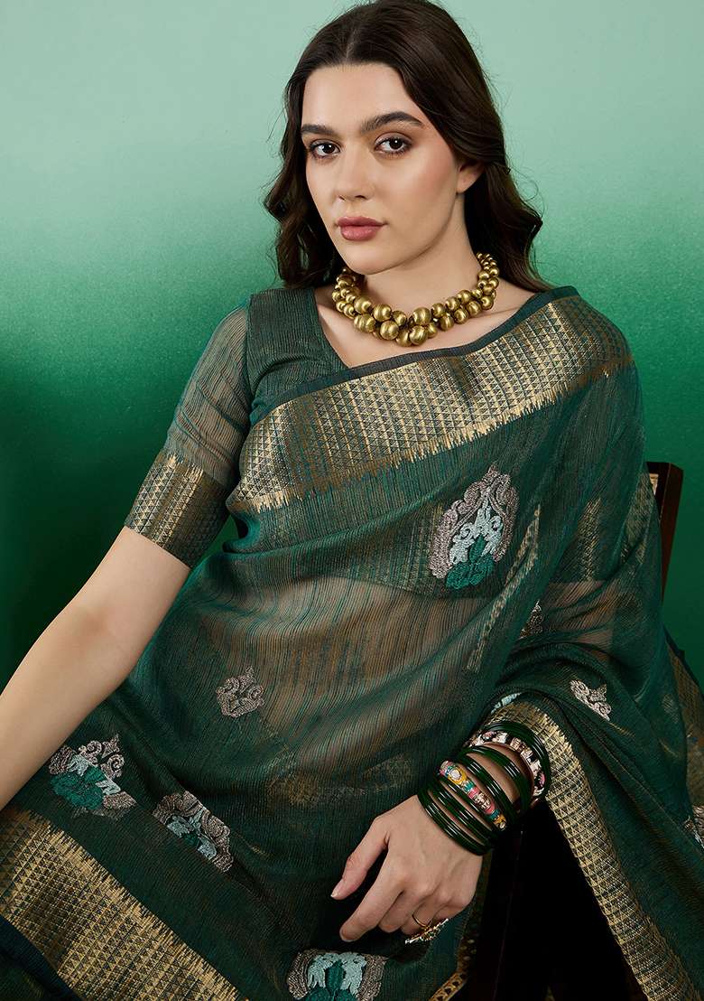 Green Oragnza Saree Set with Embroidered for Diwali | Wedding & Festive Wear - Indya