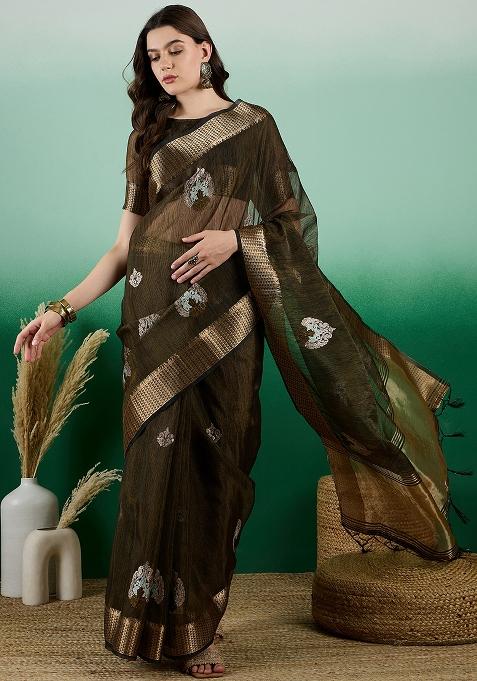 Mehandi Embroidered Oragnza Saree Set