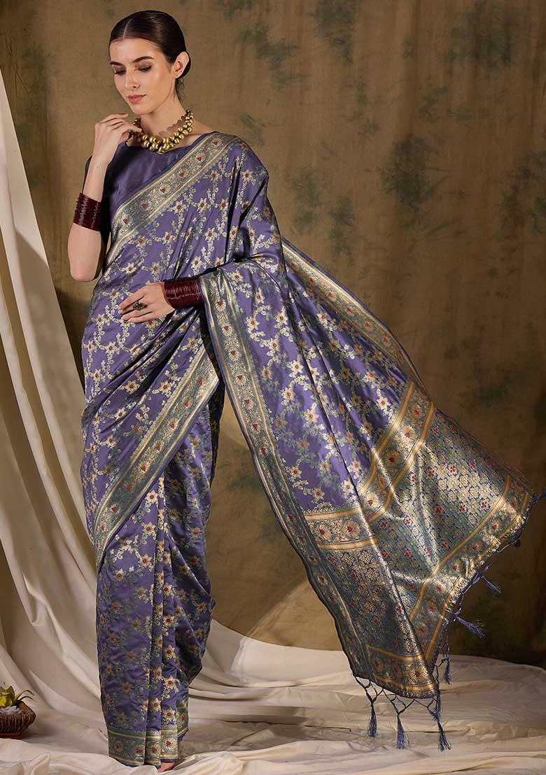 Lavender Embroidered Silk Saree Set