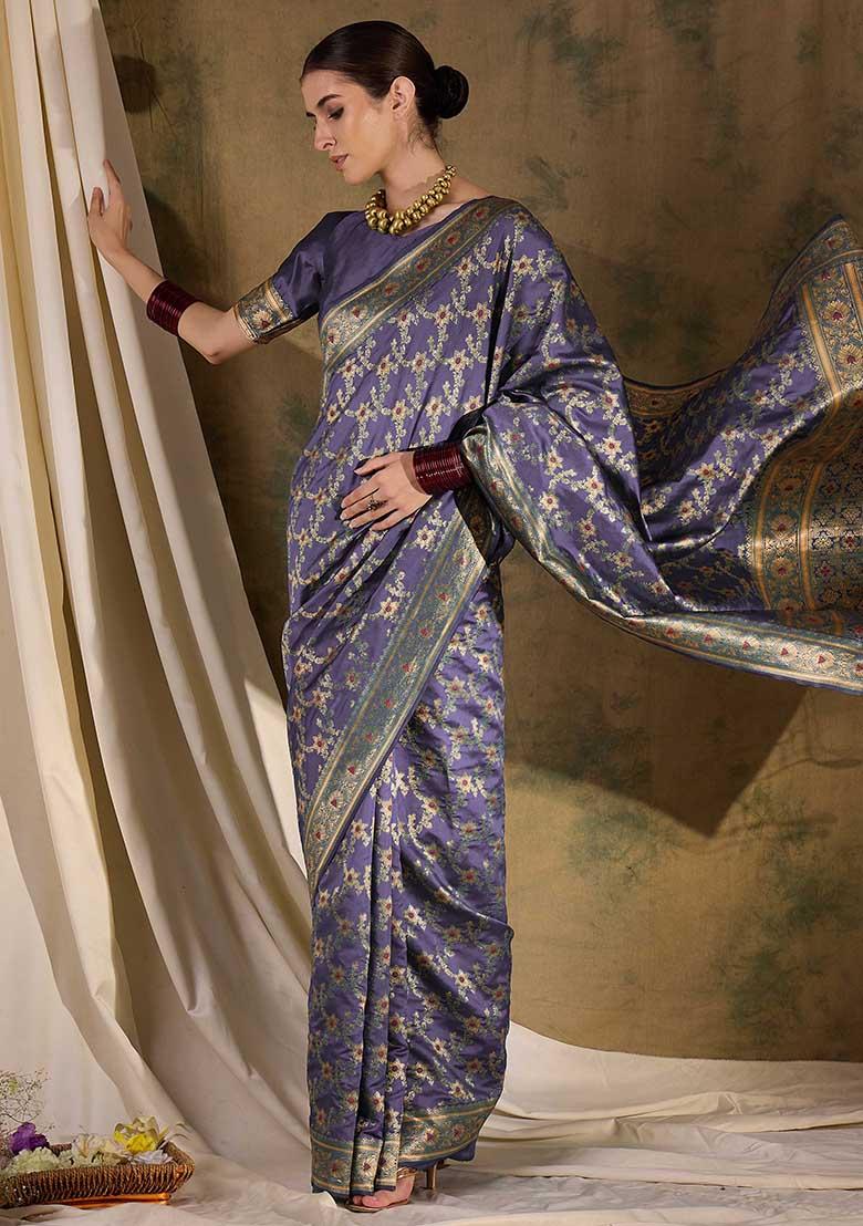 Lavender Embroidered Silk Saree Set