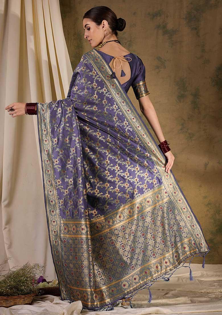 Lavender Embroidered Silk Saree Set