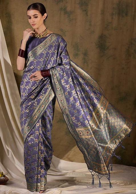 Lavender Embroidered Silk Saree Set