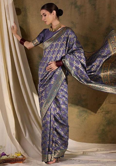 Lavender Embroidered Silk Saree Set