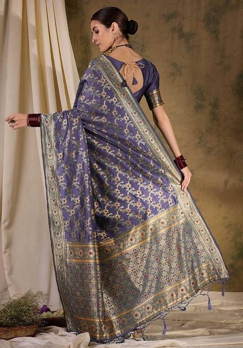 Lavender Embroidered Silk Saree Set