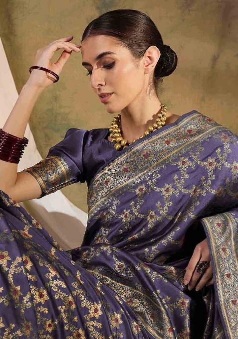 Lavender Embroidered Silk Saree Set