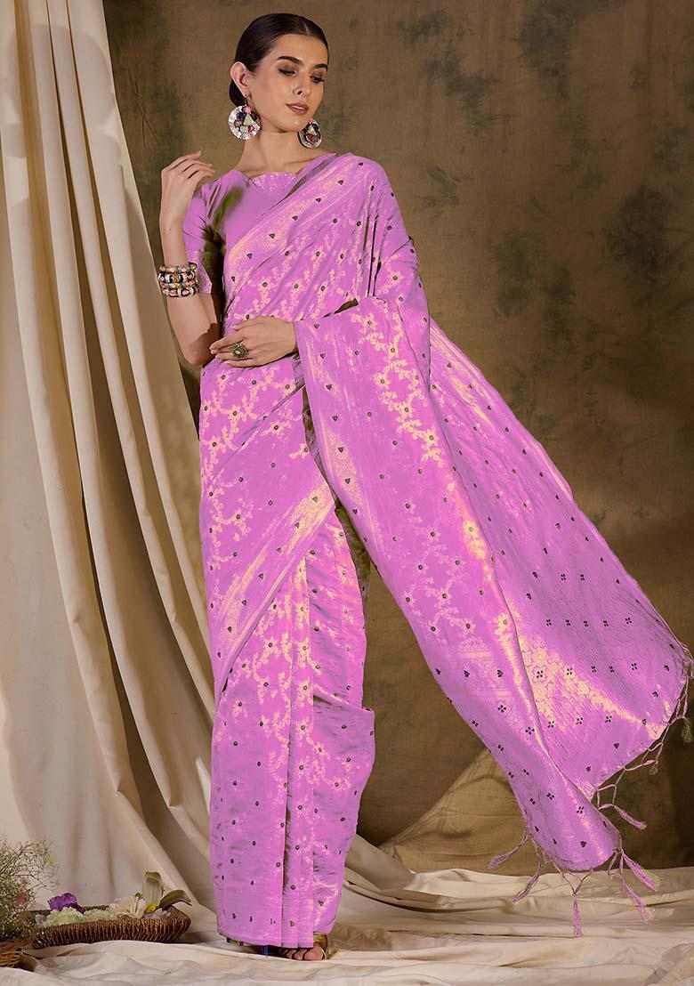 Baby Pink Embroidered Silk Saree Set - Indya