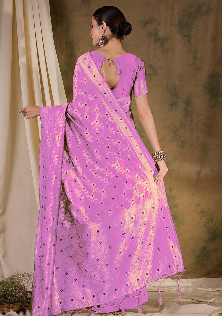 Baby Pink Embroidered Silk Saree Set - Indya