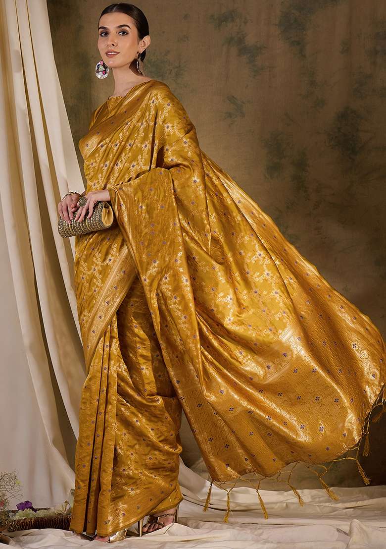 Gold Silk Blend Saree Set with Embroidered for Diwali | Wedding & Festive Wear - Indya