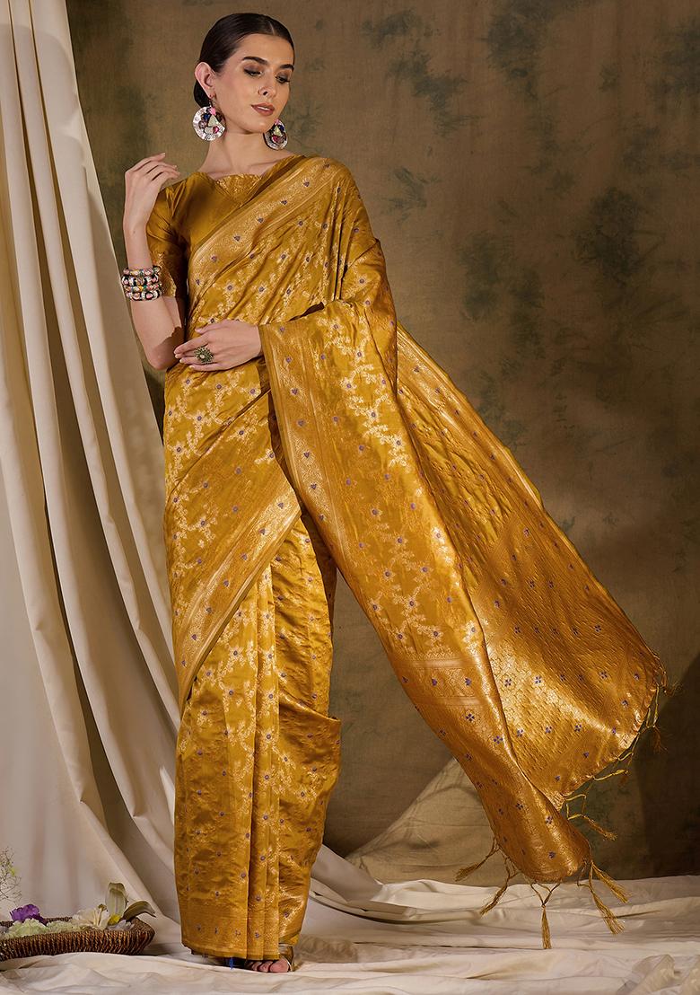 Gold Embroidered Silk Saree Set - Indya