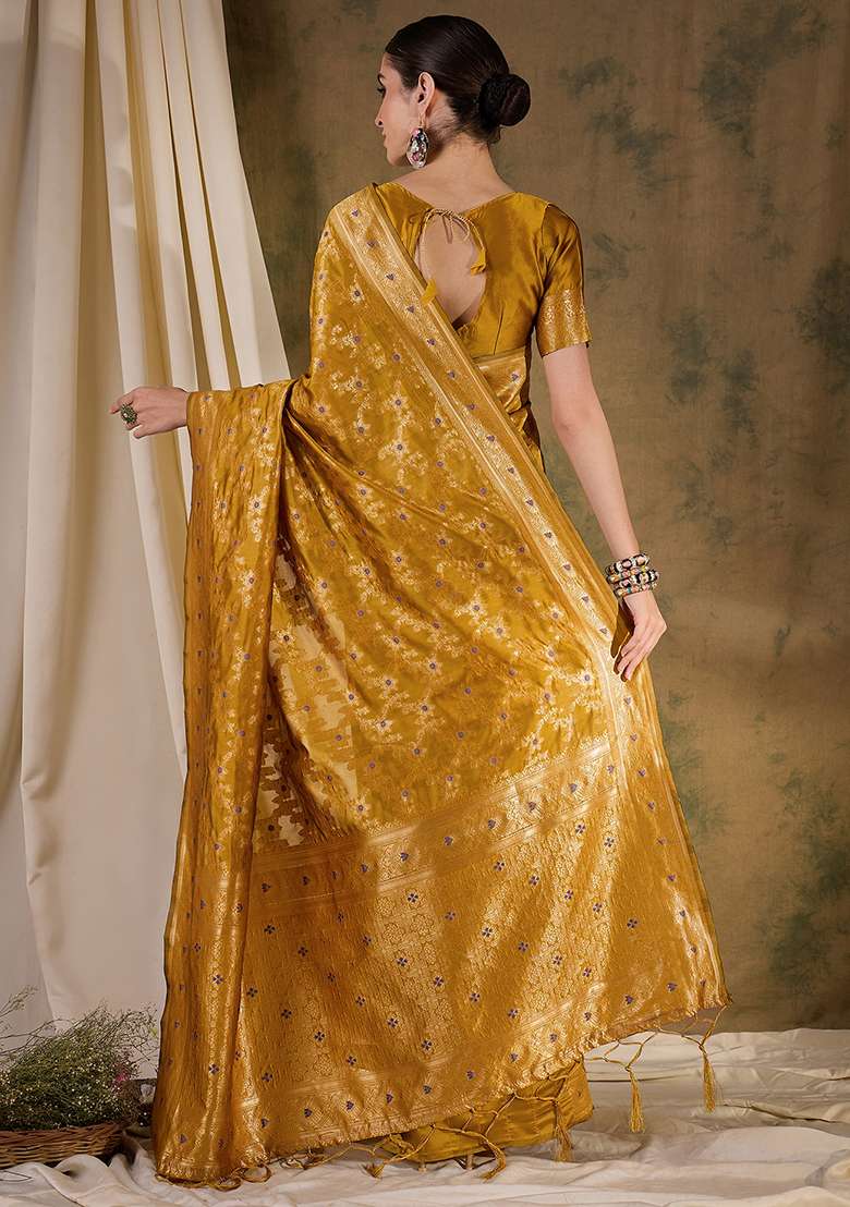 Gold Silk Blend Saree Set with Embroidered for Diwali | Wedding & Festive Wear - Indya